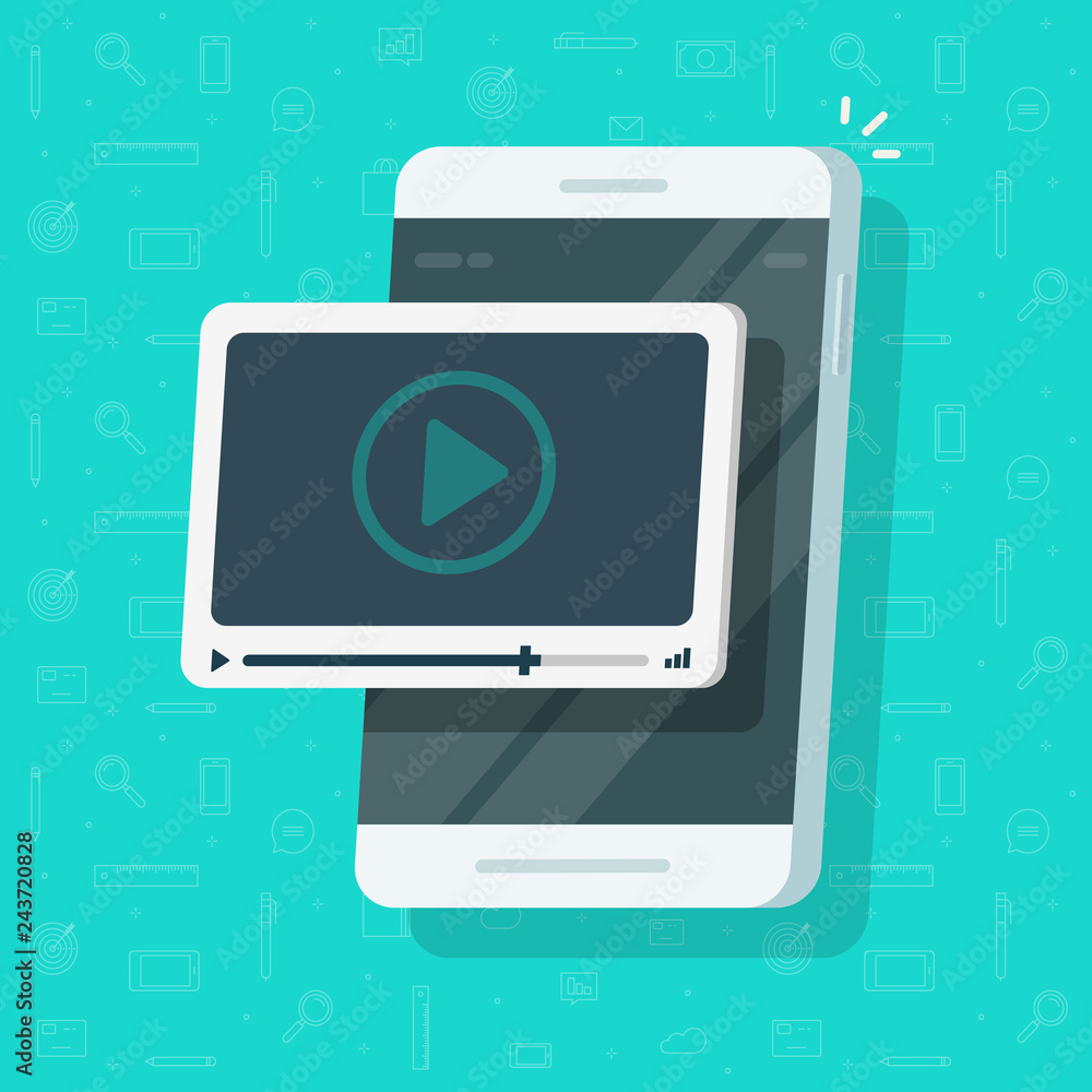 Video on mobile phone vector illustration, flat cartoon smartphone screen with online webinar concept, idea of watching tutorial watching, e-learning, cellphone movie streaming - obrazy, fototapety, plakaty 