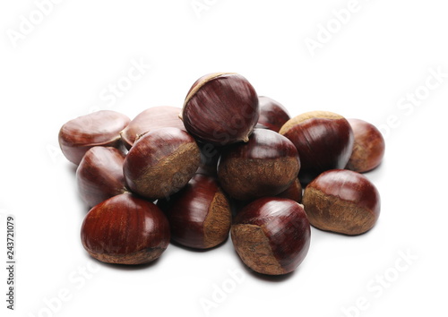 Pile edible chestnut isolated on white background