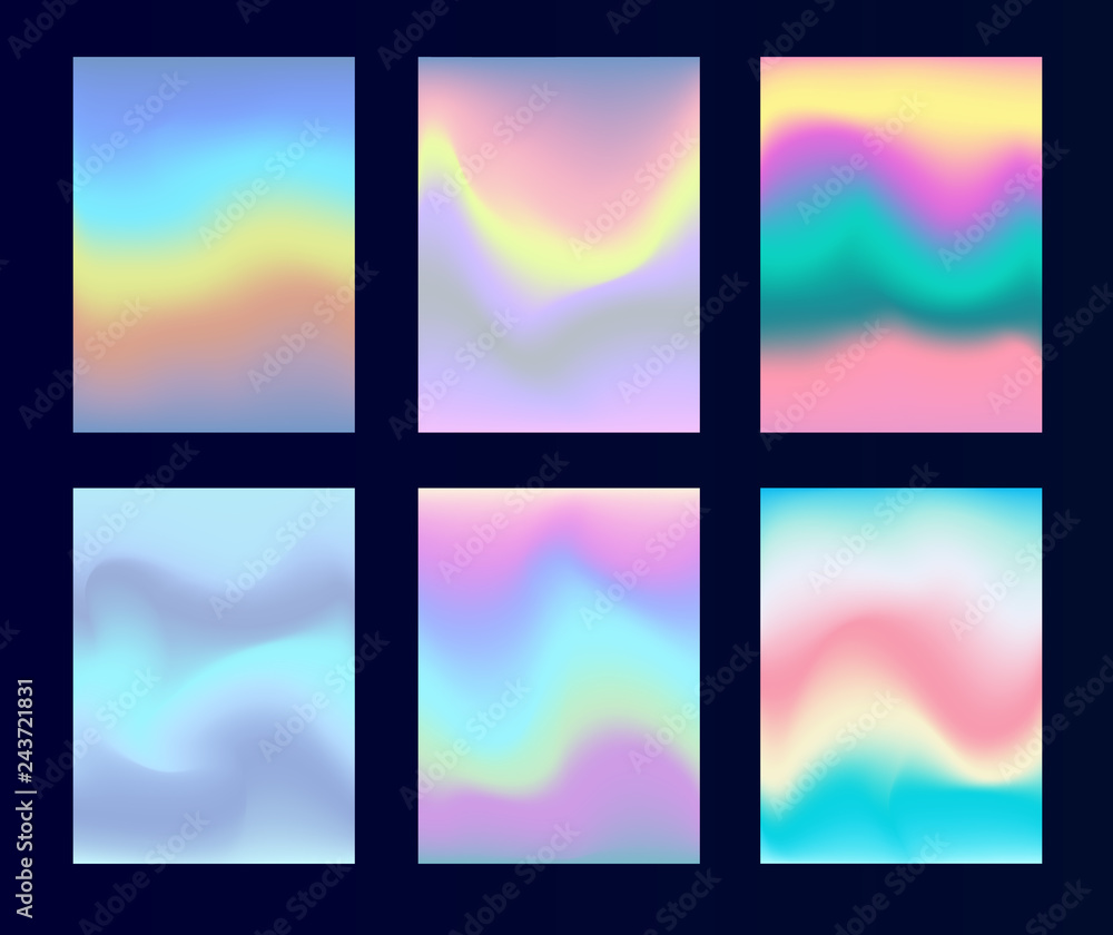 Set of holographic and iridescent rainbow textured backgrounds.