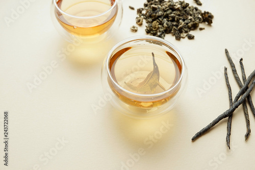 Green tea in a glass bowl photo