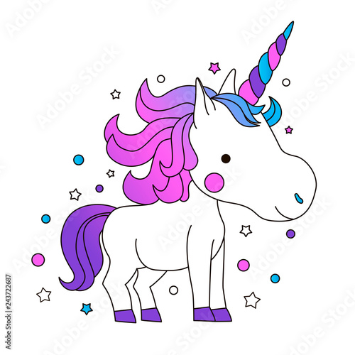 Cute Cartoon Smiling Unicorn on a white background with stars and dots