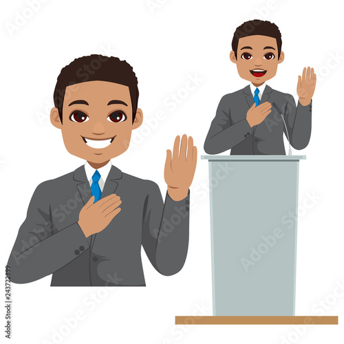 Young African American politician making oath with hand