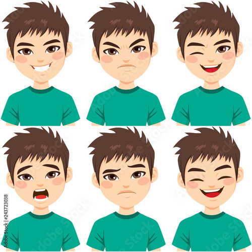 Face expressions of teenager boy with brown hair on different emotions set isolated on white background