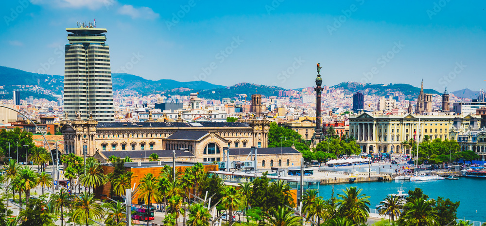 Panoramic city and port view of Barcelona, Spain - obrazy, fototapety, plakaty 