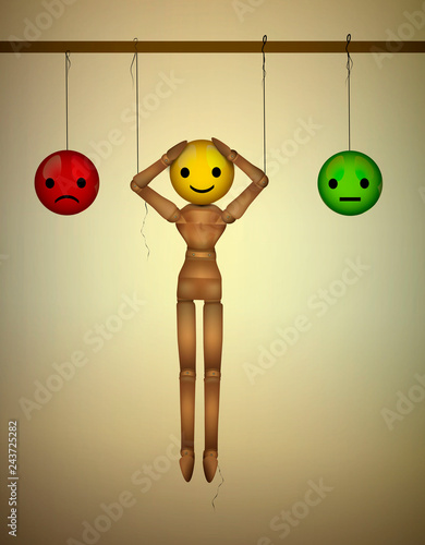 artificial happiness concept, mood concept, realistic wooden marionette hanging with artificial faces,