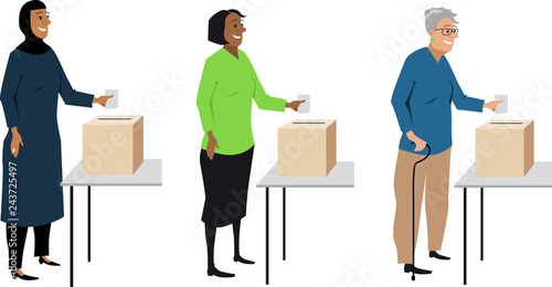 Diverse female voters putting ballot in a box, EPS 8 vector characters