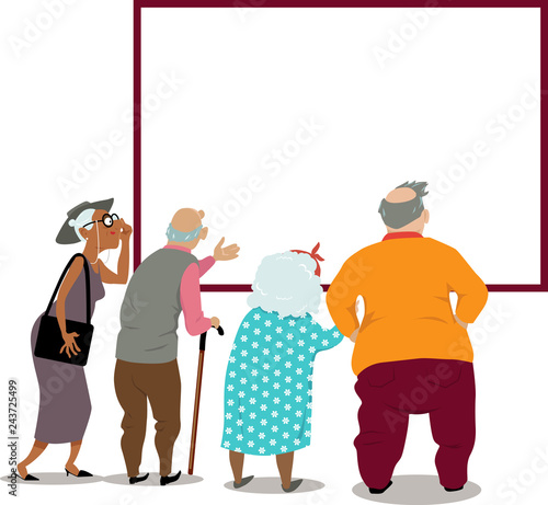 Senior citizens looking at a poster, announcement or in the window, copy space for your text, EPS 8 vector illustration