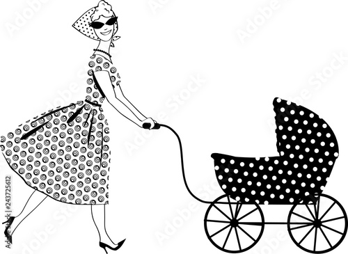 Vintage mother with a stroller, EPS 8 vector line illustration, no white objects