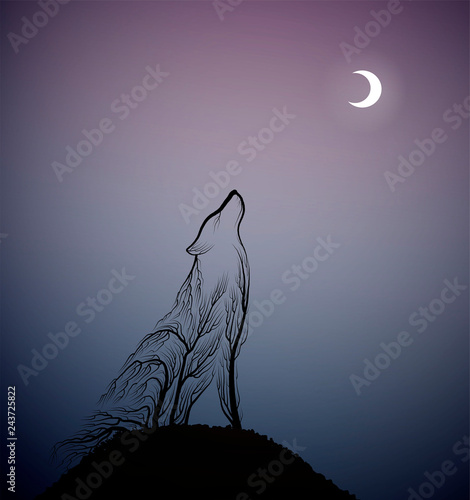 wolves extinction concept, spirit of dying wolf due the forest extinction, wolf look like tree branches howling on the moon, protect the animal and forest,