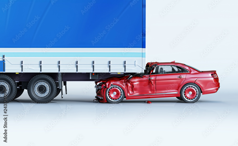 A car and a truck crashed in accident. Side view. - obrazy, fototapety, plakaty 
