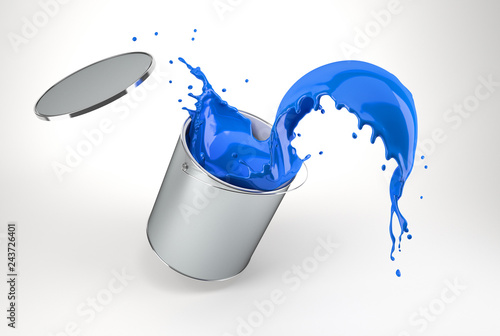 silver can full of blue paint, jumping with paint splashing.
