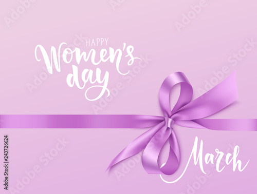 International Womens Day design template. 8 march background with beautiful purple bow and horizontal ribbon. Holiday decoration. Vector illustration