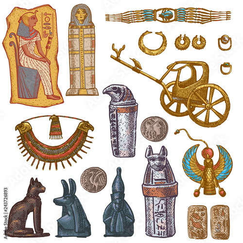 Egyptian vector ancient sarcophagus pharaoh jewelry sphinx cat statue of Egypt culture historical architecture in illustration set of archeology collection isolated on white background