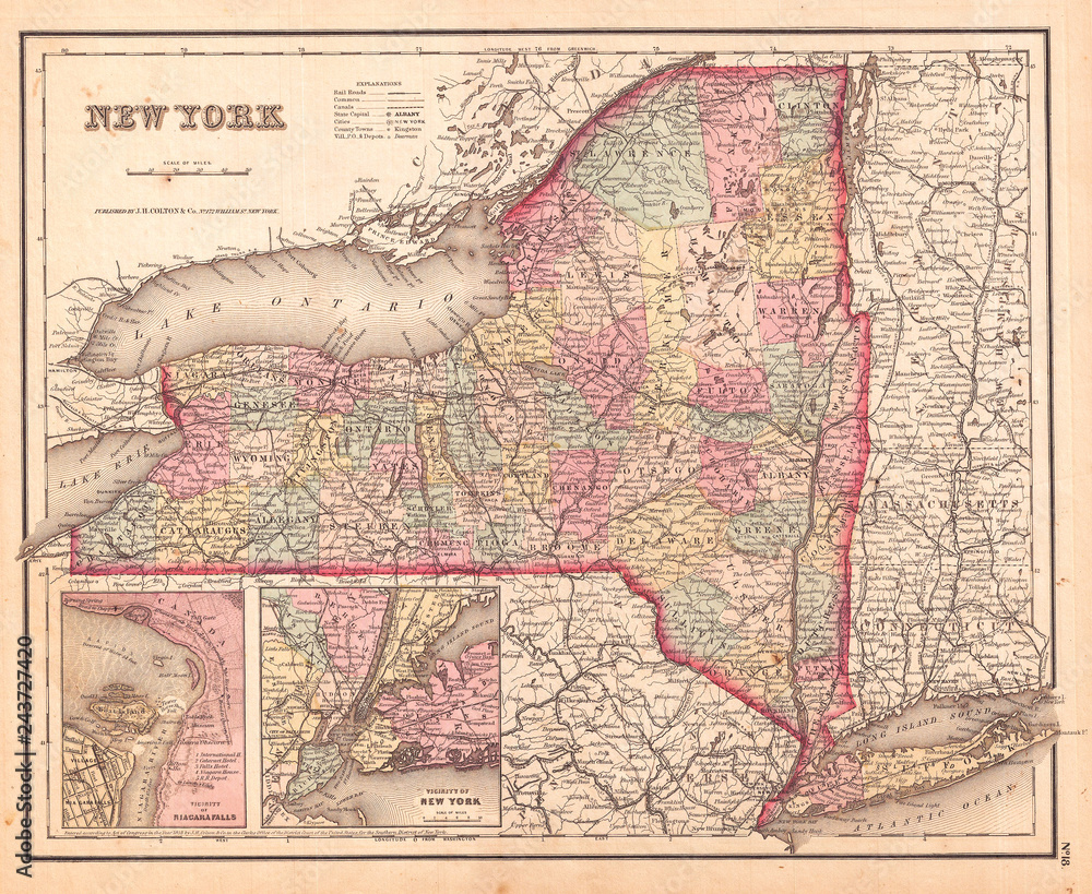 1857, Colton Map of New York Stock Illustration Adobe Stock