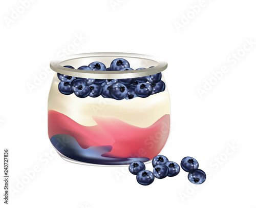 Natural yogurt with blueberries in a glass jar isolated