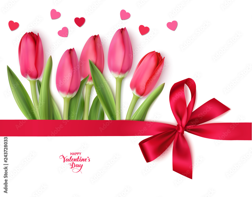 Happy Valentine's Day design template. Bouquet of red tulips with red bow and heart confetti isolated on white background. Vector illustration