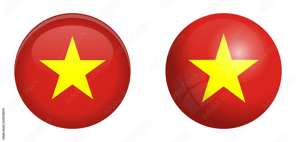 Vietnam flag under 3d dome button and on glossy sphere / ball. Vietnam flag under 3d dome button and on glossy sphere / ball.