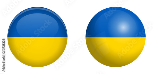 Ukrainian flag under 3d dome button and on glossy sphere / ball.