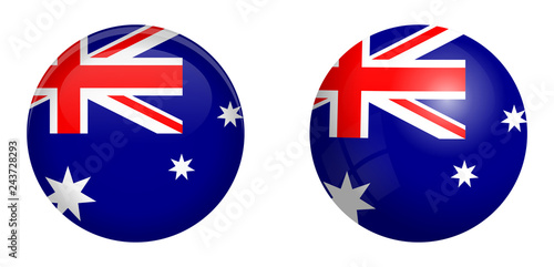 Australian flag under 3d dome button and on glossy sphere / ball.