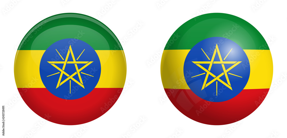Fototapeta premium Ethiopia flag under 3d dome button and on glossy sphere / ball.