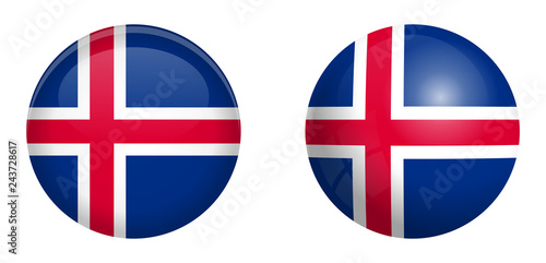 Iceland flag under 3d dome button and on glossy sphere / ball.