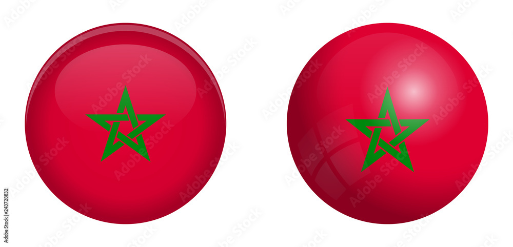 Morocco flag under 3d dome button and on glossy sphere / ball. Morocco flag under 3d dome button and on glossy sphere / ball.