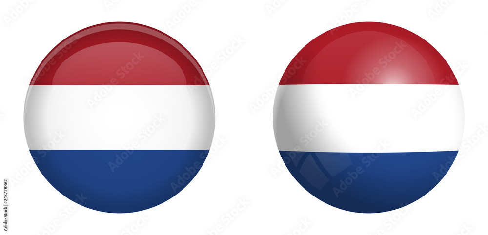 Fototapeta premium Holland flag under 3d dome button and on glossy sphere / ball.