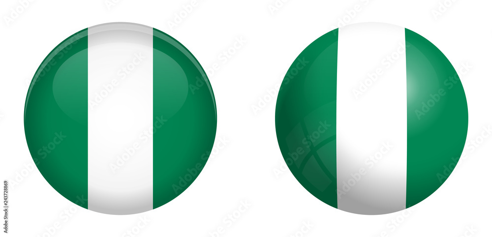 Nigeria flag under 3d dome button and on glossy sphere / ball. Nigeria flag under 3d dome button and on glossy sphere / ball.