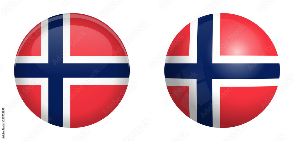 Fototapeta premium Norway flag under 3d dome button and on glossy sphere / ball.