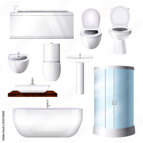 Bathroom interior vector bathtub sink shower toilet-bowl in bathhouse illustration set of shower-stall tub toilet-seat in bathing and toilet room isolated on white background