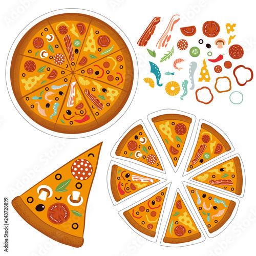 Round big mix pizza, slices triangle, italian restaurant menu, snack food ingredients for pizza