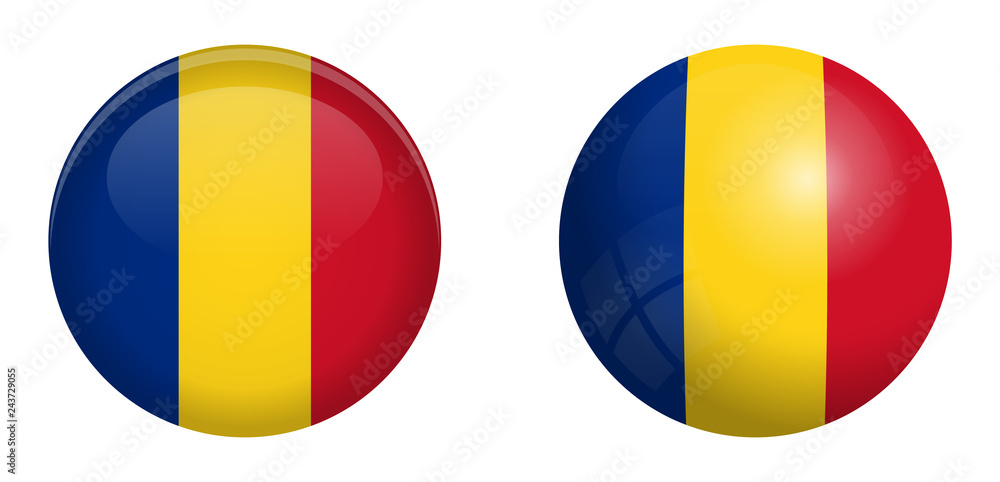 Fototapeta premium Romania flag under 3d dome button and on glossy sphere / ball.