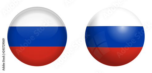 Russia flag under 3d dome button and on glossy sphere / ball.