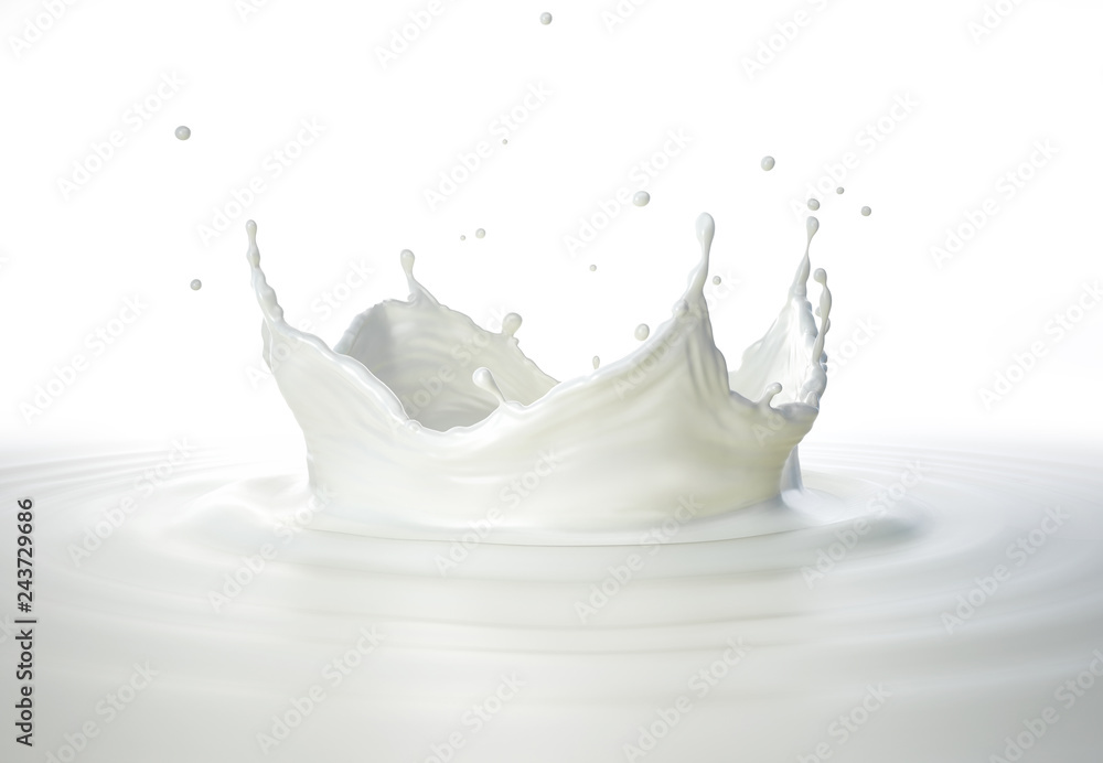 Milk crown splash, splashing in milk pool with ripples. Side view. Milk crown splash, splashing in milk pool with ripples. Side view.
