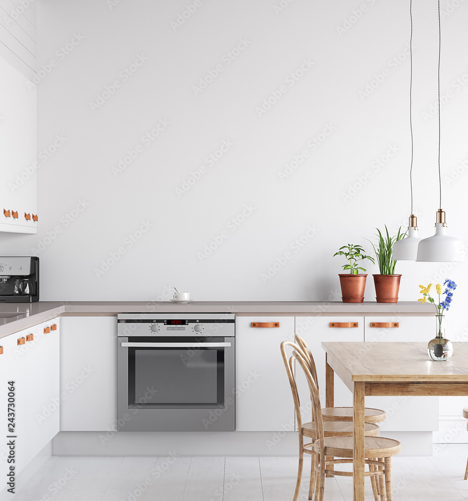 Scandinavian kitchen interior, wall mock up, 3d render - obrazy, fototapety, plakaty 