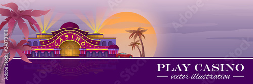 The casino building and palm trees on beach in the evening. Flyer, ticket, poster, banner.