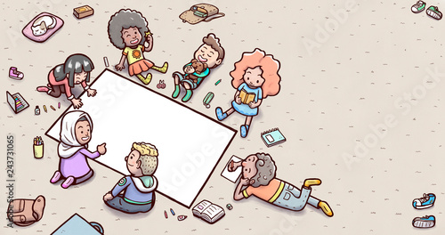 Group of children doing homework on the floor - blank poster horizontal