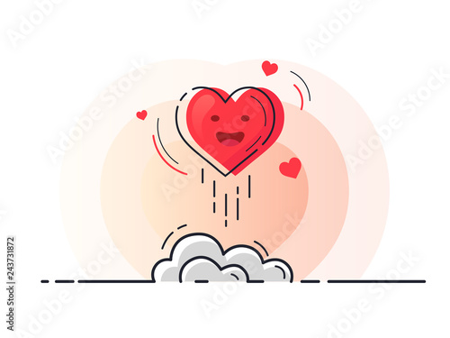 Red heart rocket launch for love boost. Trendy flat vector on white background. Vector Illustration. 