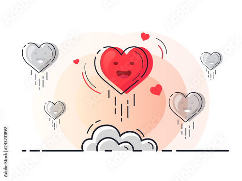 Set of flying hearts with one glowing rocket launch. Trendy flat vector heart icons with concept of love on white background. 