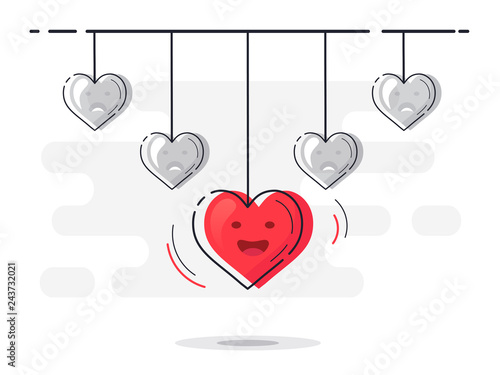 Set of hanging hearts with one glowing. Trendy flat vector heart icons with concept of love on white background. 