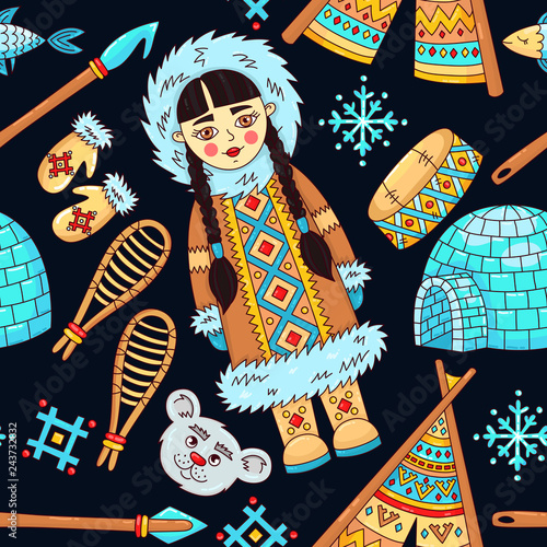 eskimo doodle cartoon icons seamless vector pattern