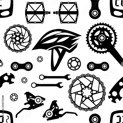 Bicycles. Seamless pattern of bicycle parts. Isolated vector image.