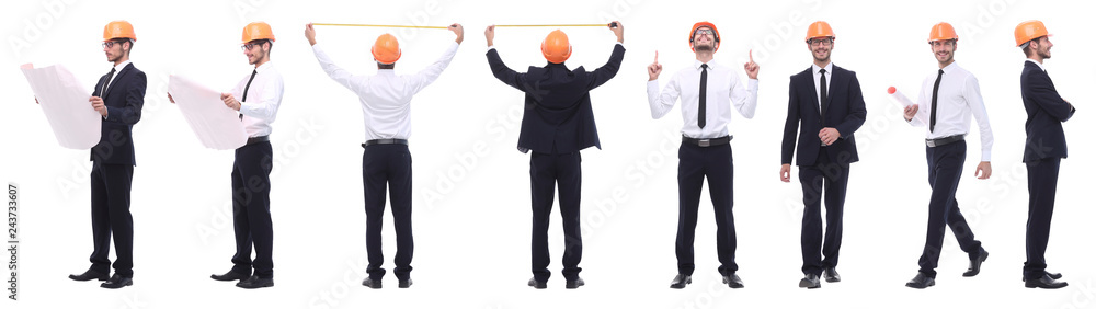 panoramic photo collage of architect expert isolated on white