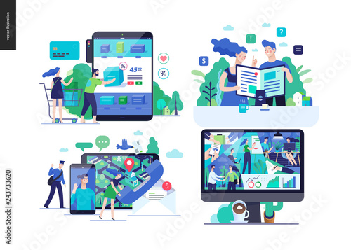 Business series set, color 2-modern flat vector concept illustrated topics - online shopping, cart, catalogue, article, contacts, about company - office life. Creative landing web page design template