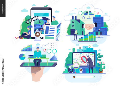 Business series set, color 2-modern flat vector concept illustrated topics - news - articles, b2b partnership, online expert - consulting, search results. Creative landing web page design template