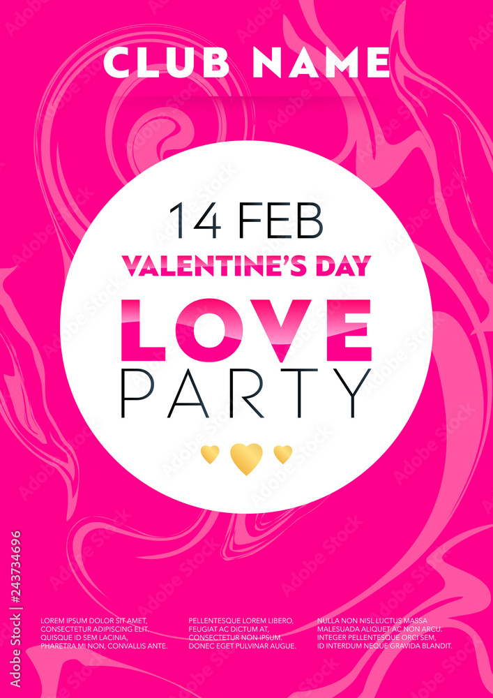 Vertical love party template with pink textural background, graphic elements and text. 
