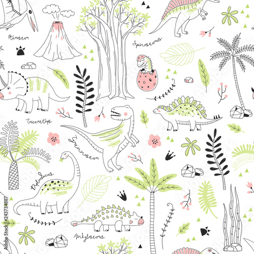 Childish seamless pattern with hand drawn dino in scandinavian style. Creative vector kid-like background for fabric, textile, apparel and more