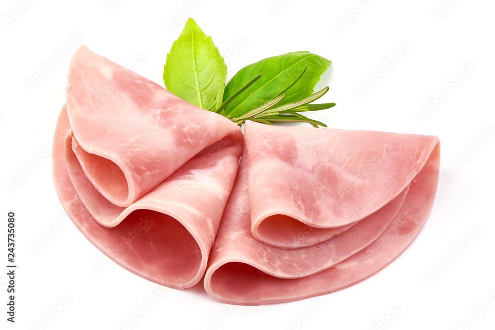 Sliced Boiled Ham with basil, close-up, isolated on a white background Sliced Boiled Ham with basil, close-up, isolated on a white background