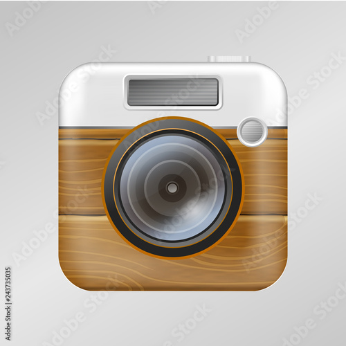 Realistic retro camera icon in bright with wood texture color, realistic lens. Icon for app, photo folder. Vintage photo camera icon.