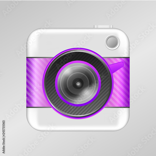 Realistic retro camera icon in bright purple color, realistic lens. Icon for app, photo folder. Vintage photo camera icon.